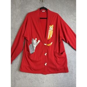 Linda Lori NY Cardigan Sweater Womens One Size Red Fleece Cat Buttons 90's Cats